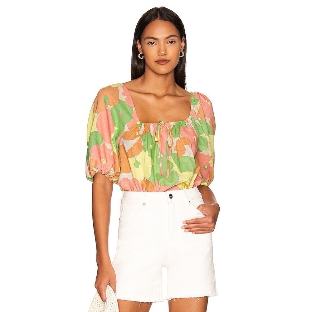 Sanctuary Perfect Time Linen Floral Square Neck Blouse Pink Green Yellow 2X